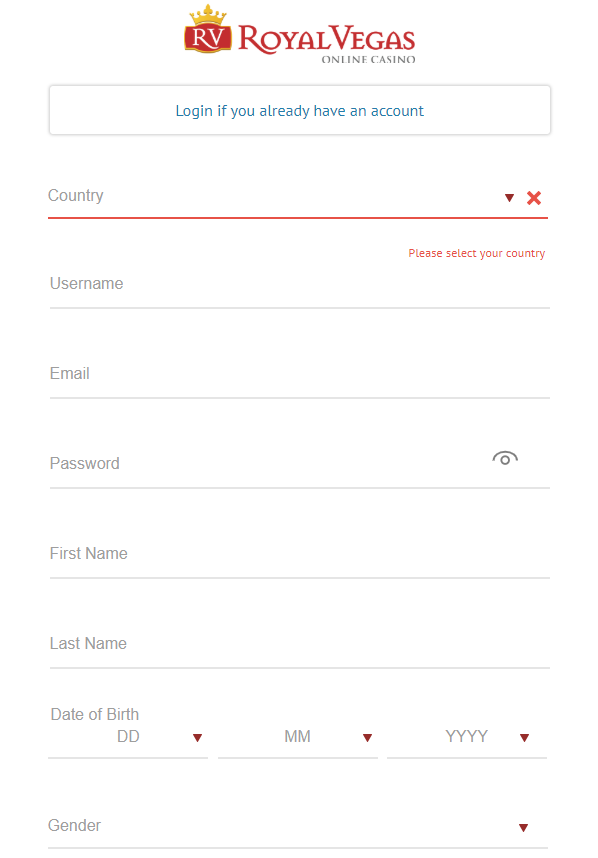 Royal Vegas casino registration page