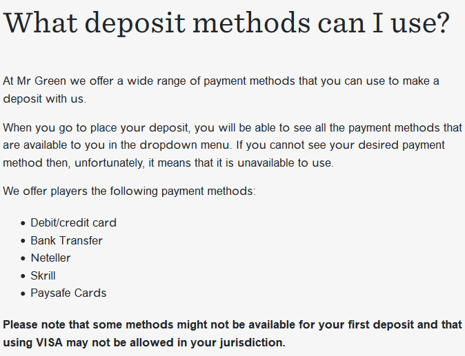 Mr Green deposit options